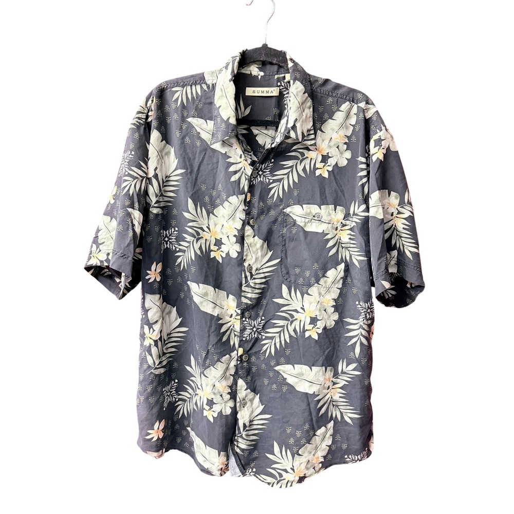Summa Button Down Shirt Mens L Black Hawaiin Silk Blend Short Sleeve Tropical